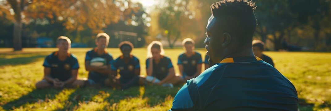 Rugby team strategizing on field before game Diverse sports group led by captain training on outdoor pitch
