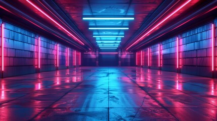 Neon light garage with vibrant colors on dark background