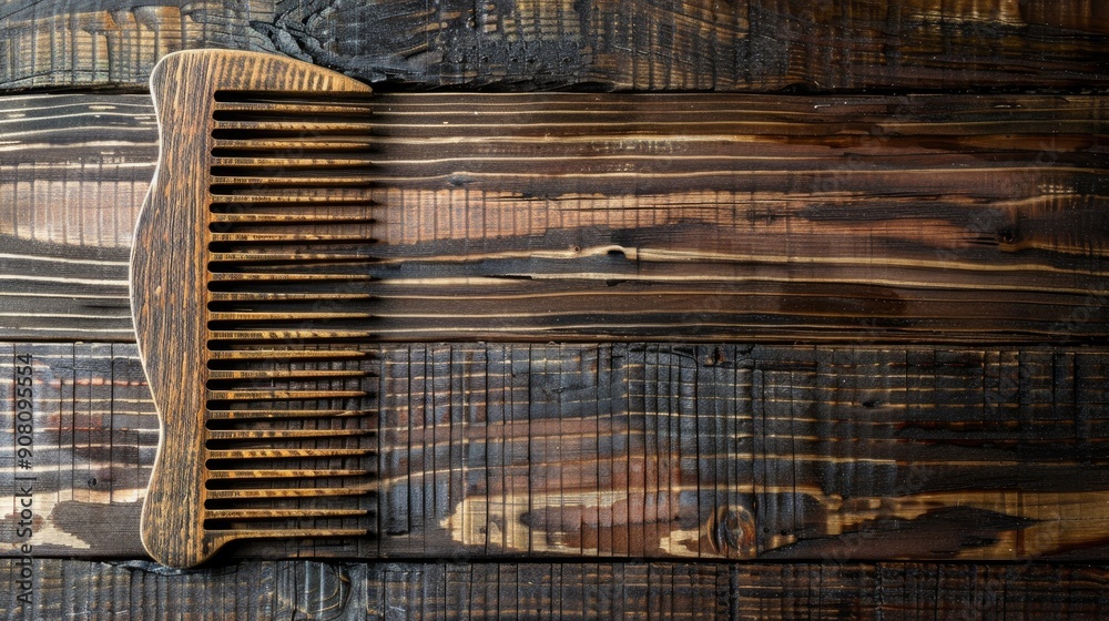 Wall mural wooden comb with natural bristles against wooden backdrop