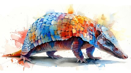 Obraz premium Vivid watercolor depiction of an armadillo curling in a colorful setting