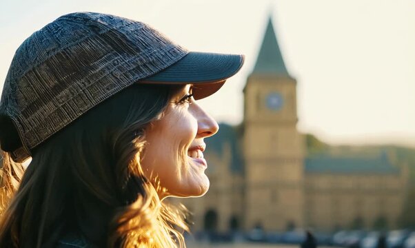 Medium shot portrait video of a satisfied woman in her 30s that is wearing a cool cap or hat against a historic monument or landmark background