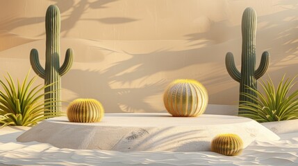Summer cosmetic display with cacti on podium in desert setting