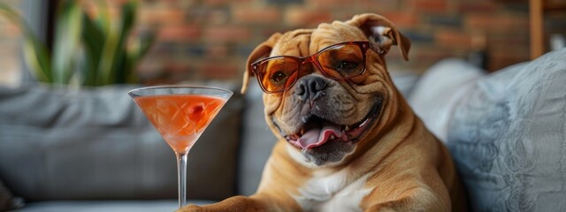 Obraz premium portrait of a english bulldog wearing sunglasses and holding a glass of martini, mouth open and happy expression, staring directly at the camera,.