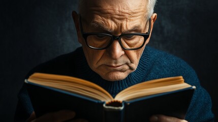A blind man reads a book intently while wearing black glasses