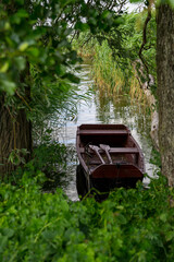 Old wooden boat with oars moored on the shore of a lake in dense green thickets