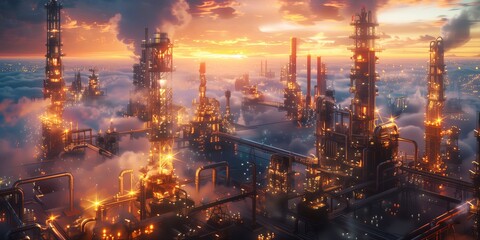 Industry, futuristic oil refinery at dusk with illuminated structures, Industrial landscape, towering refinery with glowing lights against a sunset backdrop