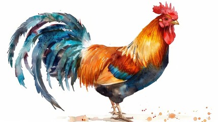 Hand painted watercolor rooster standing proudly in vibrant colors