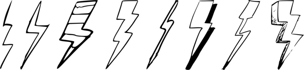 Hand Drawn Lightning Bolt Set, Doodle Thunder Bolt Collection, Sketch Lightning Bolt