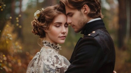 Obraz premium Elegant woman embracing young lover in nature during autumn afternoon