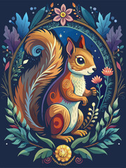 Obraz premium A Stylized Squirrel Surrounded by Floral Motifs