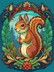 A Cartoon Squirrel Surrounded by Flowers and Vines