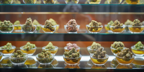 Cannabis bud from a display of various different strains in a dispensary showcase
