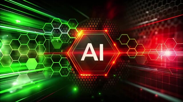 Neon AI text glowing on futuristic polygon and hexagon background, digital artificial intelligence banner.	