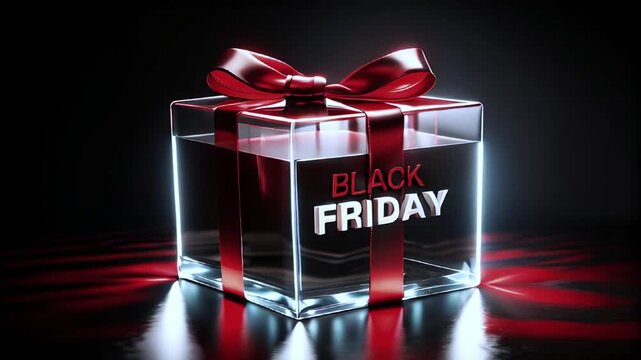 BLACK FRIDAY lettering on glowing glass gift box with red bow on black background, sale, discount events concept.	
