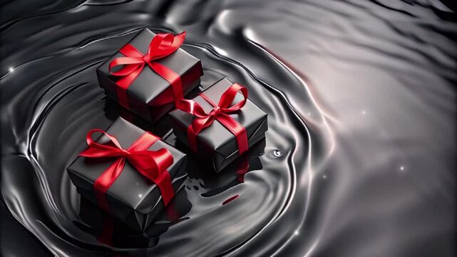 black gift box with ribbon on black water background, BLACK FRIDAY concept, top view