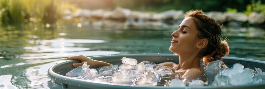 Young woman enjoying cold water immersion with ice cubes in a plastic tub in a serene outdoor setting practicing Wim Hof Method cold therapy breathing exercises yoga and meditation