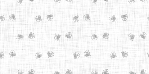 White neutral minimal house motif with Linen effect texture for baby nursery seamless background. Modern muted simple soft motif pattern for wallpaper , home decor white gray design. 