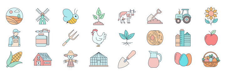 agriculture icons set, Included icons as Barn, Greenhouse, Hay Bale, Corn and more symbols collection, logo isolated vector illustration