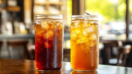 Show iced tea served in elegant glassware, such as tall glasses, mason jars, or stylish tumblers, with condensation on the outside, emphasizing the cold and refreshing nature of the drink