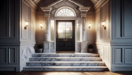 Fototapeta premium View of the front door of a house with a gable porch
