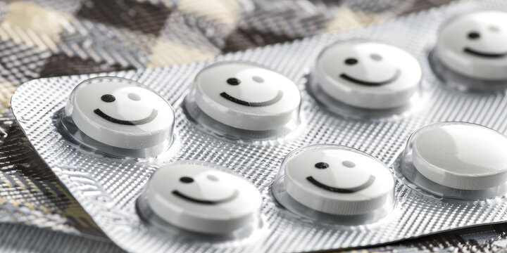 Tablets with smiles smiley faces in a blister pack on a simple background with copy space. Creative concept of antidepressants, sedative pills