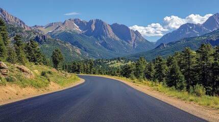 Fototapeta premium Black asphalt road leading into the mountains during summer, showcasing a scenic route.
