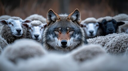 Obraz premium Wolf blending in with a flock of sheep, symbolizing deception and disguise in a seemingly safe environment.