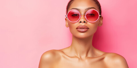 Young naive woman in rose-colored glasses on colored background with copy space. Creative concept of female gullibility