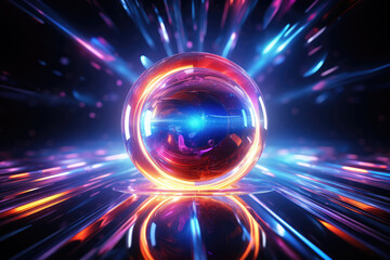 Obraz premium generated illustration close-up of rotating illuminated colorful crystal ball against black background
