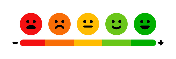 Smile rating: bad, poor, average, good, excellent. Emotion levels on scale different faces icon. Satisfaction, pain feedback with emoticon concept. Colorful vector smile rating illustration.