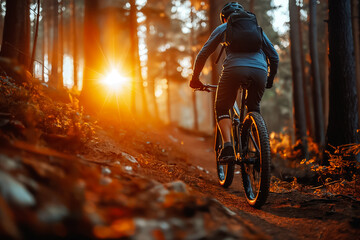 Mountain Biker is skillfully Riding Through a Beautiful Sunlit Forest Trail Surrounded by Vibrant Colors of Autumn Leaves