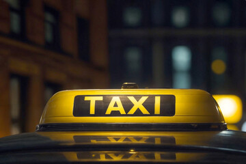 Close Up sign that reads "TAXI" on top taxi cab at night in city