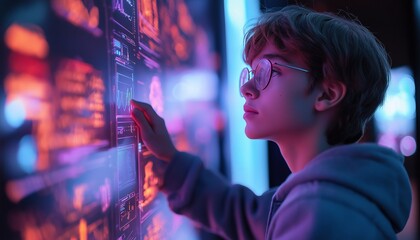 Teenage Boy Interacting with Futuristic Interface