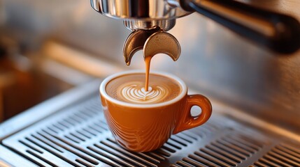 An espresso machine pouring a rich, dark coffee into a cup.