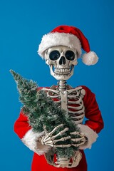a smiling skeleton is wearing Santa Claus costume and holding a small Christmas tree. Season greetings concept