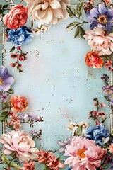  floral frame with gold and pink roses on blue background, 