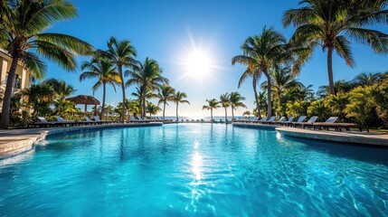 Fototapeta premium Luxurious hotel pool in the Caribbean, surrounded by palm trees and a bright blue sky.