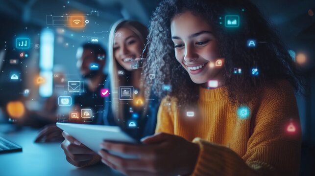 Smiling Woman Using Tablet with Social Media Icons