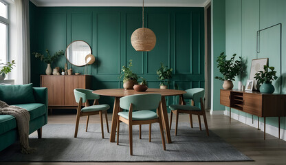Fototapeta premium Mint color chairs at round wooden dining table in room with sofa and cabinet near green wall. Scandinavian, mid-century home interior design of modern living room