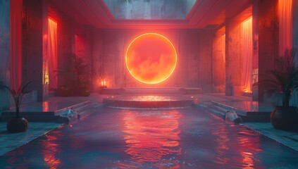 Fototapeta premium A hyper realistic image of an interior space with neon pink and orange lighting.
