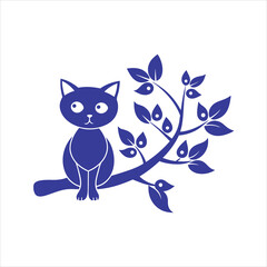 Silhouette Cat Sitting on a Branch Vector Illustration.
