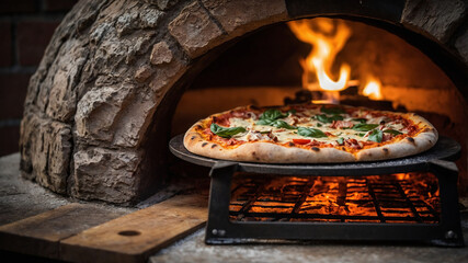 Freshly Baked Pizza with Basil in a Wood-Fired Oven Perfect Authentic Italian Delight