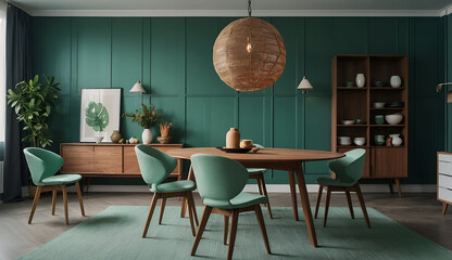 Mint color chairs at round wooden dining table in room with sofa and cabinet near green wall. Scandinavian, mid-century home interior design of modern living room