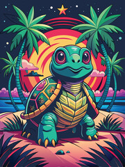 A Green Turtle Under a Sunset Sky with Palm Trees