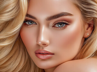 Fototapeta premium Beautiful sensual model girl closeup with long sexy hair, clean skin .Beauty smiling woman, blonde curly hairstyle. Fashion portrait, Face care, Facial treatment, cosmetics and makeup. AI generated