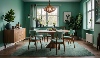 Fototapeta premium Mint color chairs at round wooden dining table in room with sofa and cabinet near green wall. Scandinavian, mid-century home interior design of modern living room