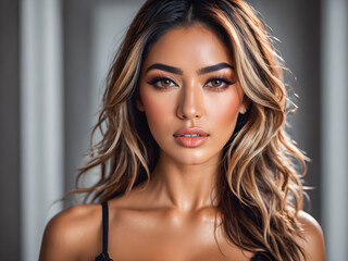 Fototapeta premium Beautiful stylish woman closeup portrait. Sensual sexy attractive brunette magical eyes, lips, clean face skin. Beauty girl skin care, facial cosmetics and makeup concept. AI generated