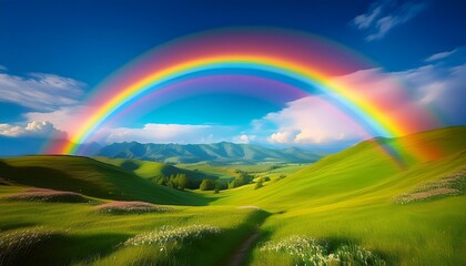 Naklejka premium A double rainbow arching across a vivid blue sky, with a backdrop of rolling green hills