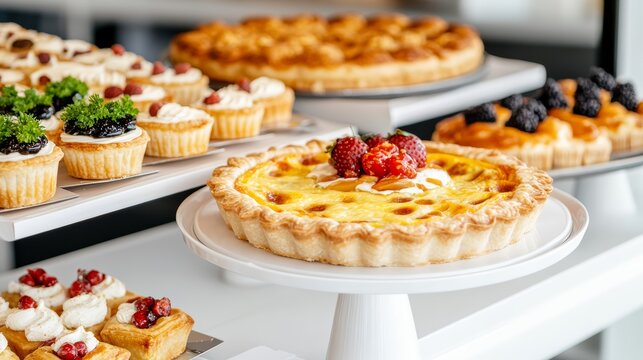 A bakery display featuring a variety of quiches, tarts, and savory pastries, ready for brunch, copy space for text, high-resolution photo, realistic photo