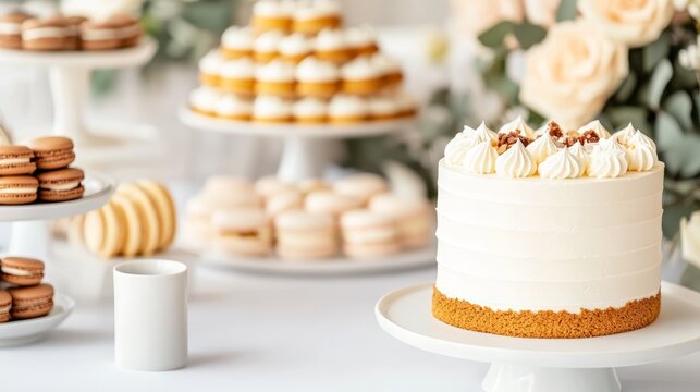 A beautifully arranged dessert table at a party, featuring cakes, macarons, and other pastries, with elegant decorations, copy space for text, high-resolution photo, realistic photo